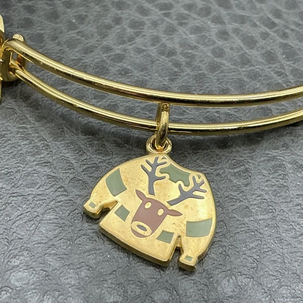 Alex And Ani Gold Tone Reindeer‎ Sweater Charm Bracelet Womens 7 In Christmas